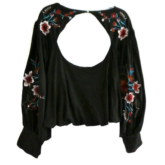 Free People Top Black Embroidered Cut Out Linen Long Balloon Sleeves Oversized S - Picture 4 of 10